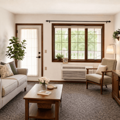A cozy living room with a large window and a glass door, allowing natural light to fill the space. There is a light-colored sofa on the left, a wooden coffee table with a flower arrangement in the center, and an armchair on the right next to a small side table with a lamp. A tall potted plant is near the door, and the room has neutral-colored walls and carpet.