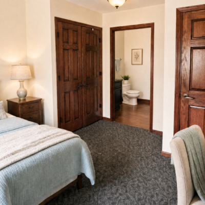 A cozy bedroom with a bed covered in light bedding, a wooden nightstand with a lamp, dark wood closet doors, and a doorway leading to a bathroom with a toilet and framed artwork on the wall.