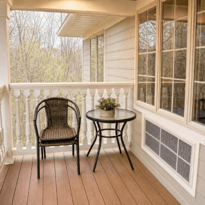 A small porch with wooden flooring, white railing, and a beige house exterior. There is a black wicker chair and a round black table with a potted plant on top. Large windows with multiple panes are visible on the house wall.