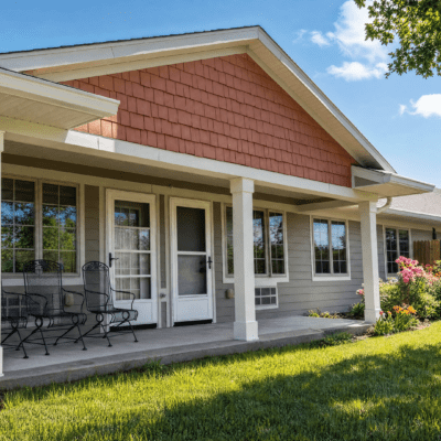 A cozy house with a white exterior, a covered front porch with outdoor seating, large windows, and a well-maintained lawn with colorful flowers, under a bright blue sky with a few clouds.